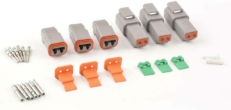 DT Connector 2 Pin Gray Waterproof Electrical Wire Connector with Deutsch Solid Contacts 14-20 AWG and Sealing Plugs, 3 Sets G1407