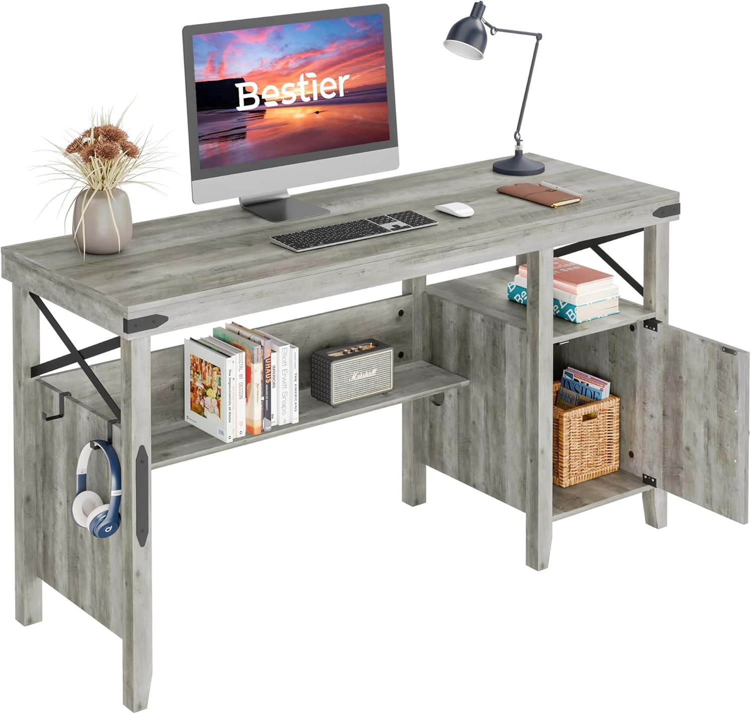 Rustic Brown 55 Inch Computer Desk with Storage Cabinet R5649