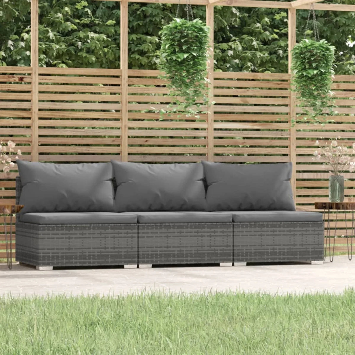 3-Seater Gray Poly Rattan Sofa with Cushions J45535