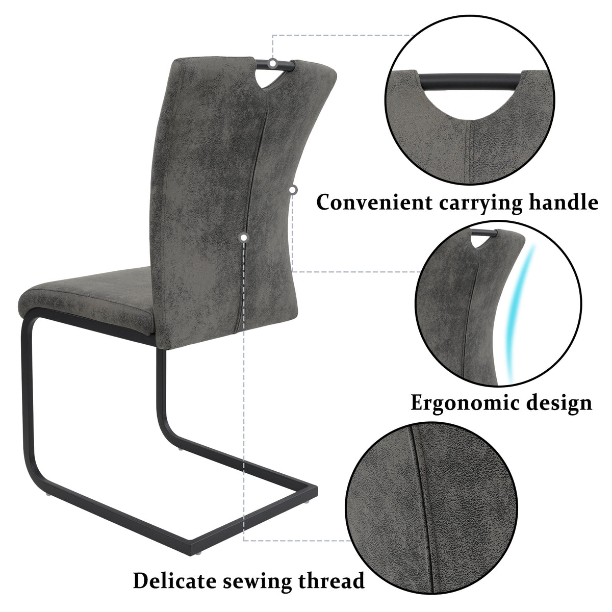 Vintage Fabric Dining Chairs Set of 4 with Handle, High Back Chair, Armless Cantilever Chairs, Grey Y288