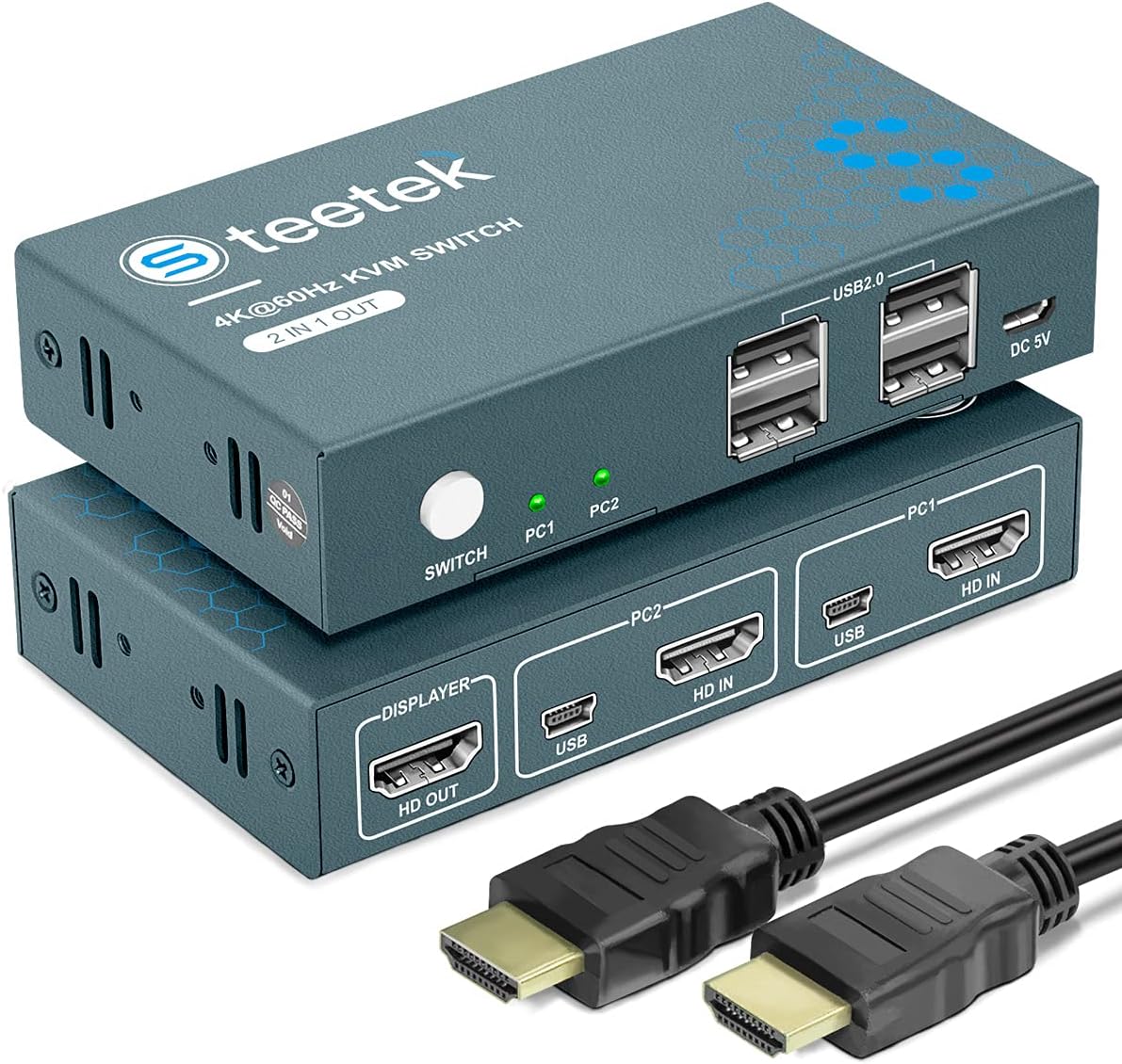 KVM Switch HDMI 2 Port, UHD 4K@60Hz, 4 USB 2.0 Port, with 1 HDMI and 2 USB Cables F8186