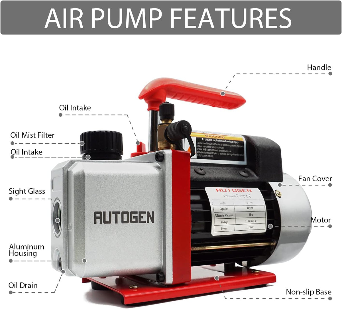 110V 1/4 HP 4CFM Single Stage Rotary Vane Air Vacuum Pump with AC Manifold Gauge Set Kit C8277