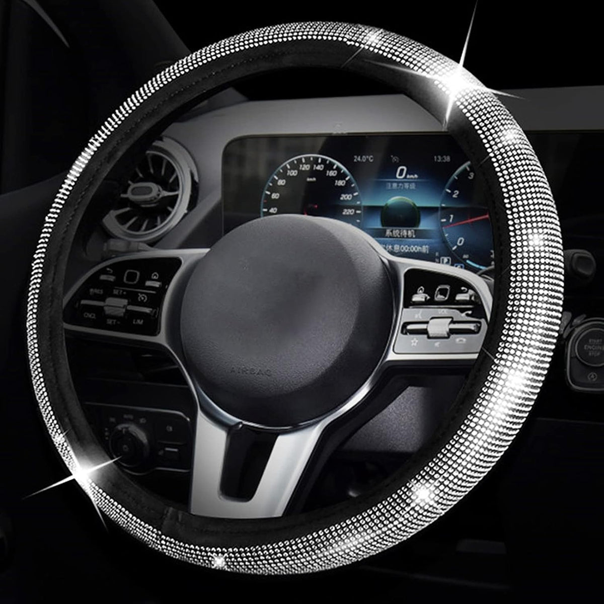 Black with White Diamond Crystal Steering Wheel Cover 15 inches N873