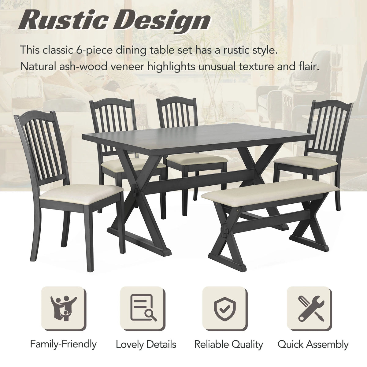 6 Piece Wood Dining Table Set with Bench and 4 Cushioned Chairs V347293