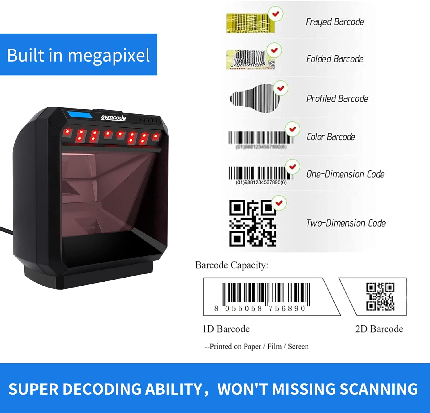 2D Desktop Barcode Scanner, USB Wired QR Barcode Reader C404