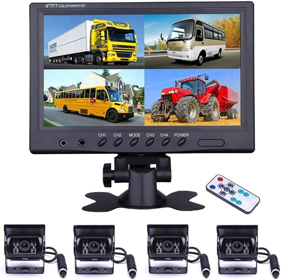 9 Inch 4 Split Monitor Front View Rear View Camera Waterproof Auto Camera with 2x33 ft and 2x65ft Cables I724