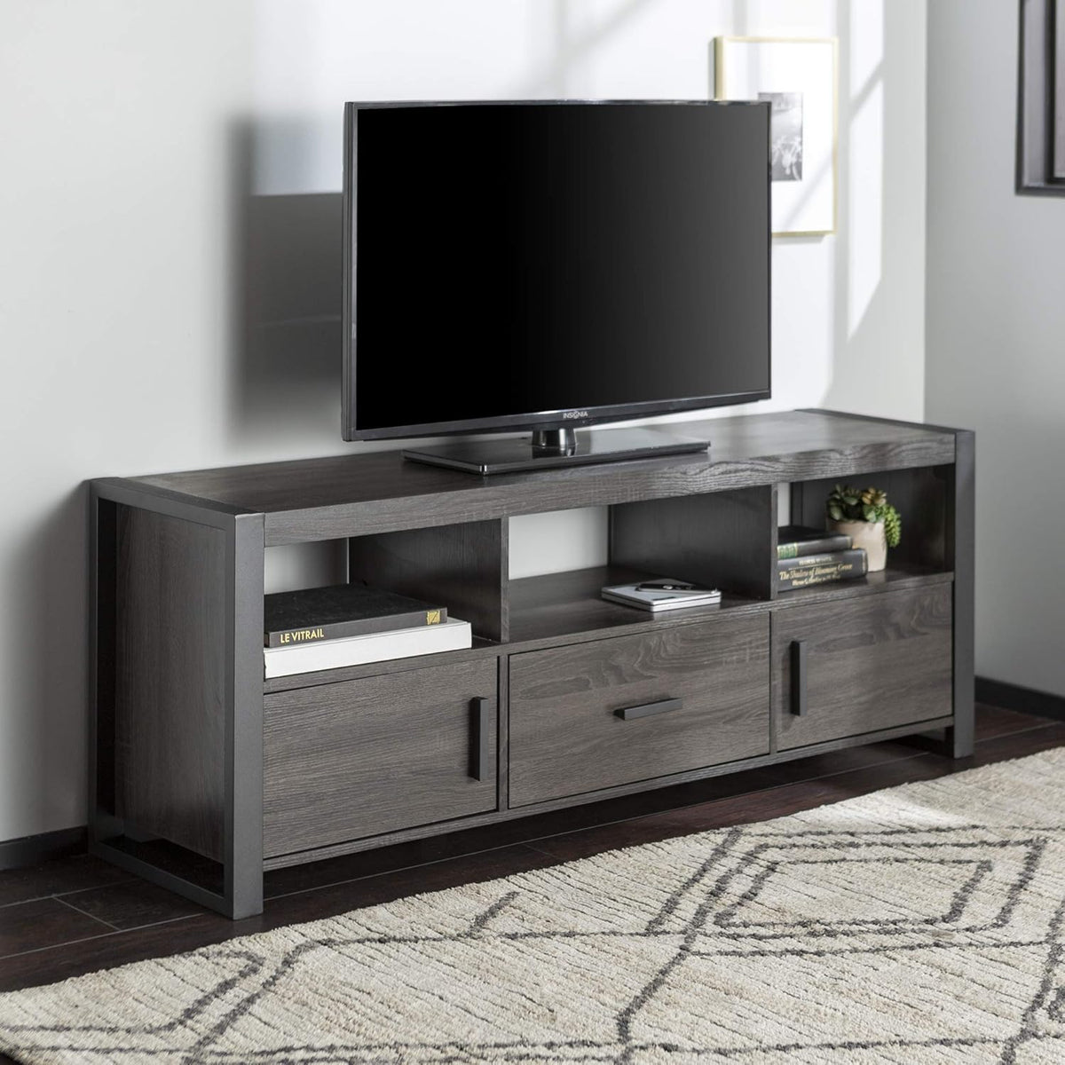 60 Inch Black TV Stand with Cabinet Doors and Side Storage J1728