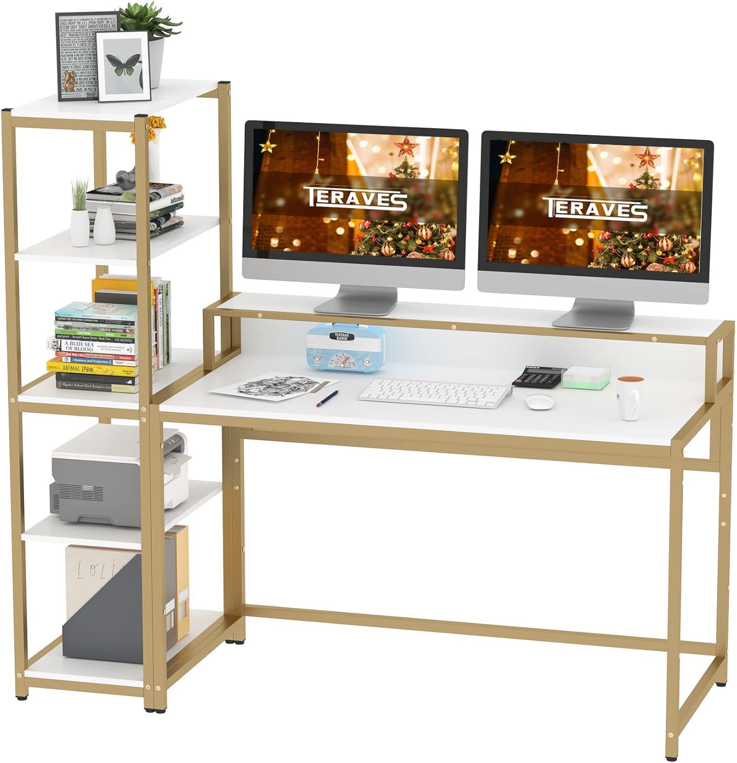 Teak 47 Inch Computer Desk with 5 Tier Shelves K772140