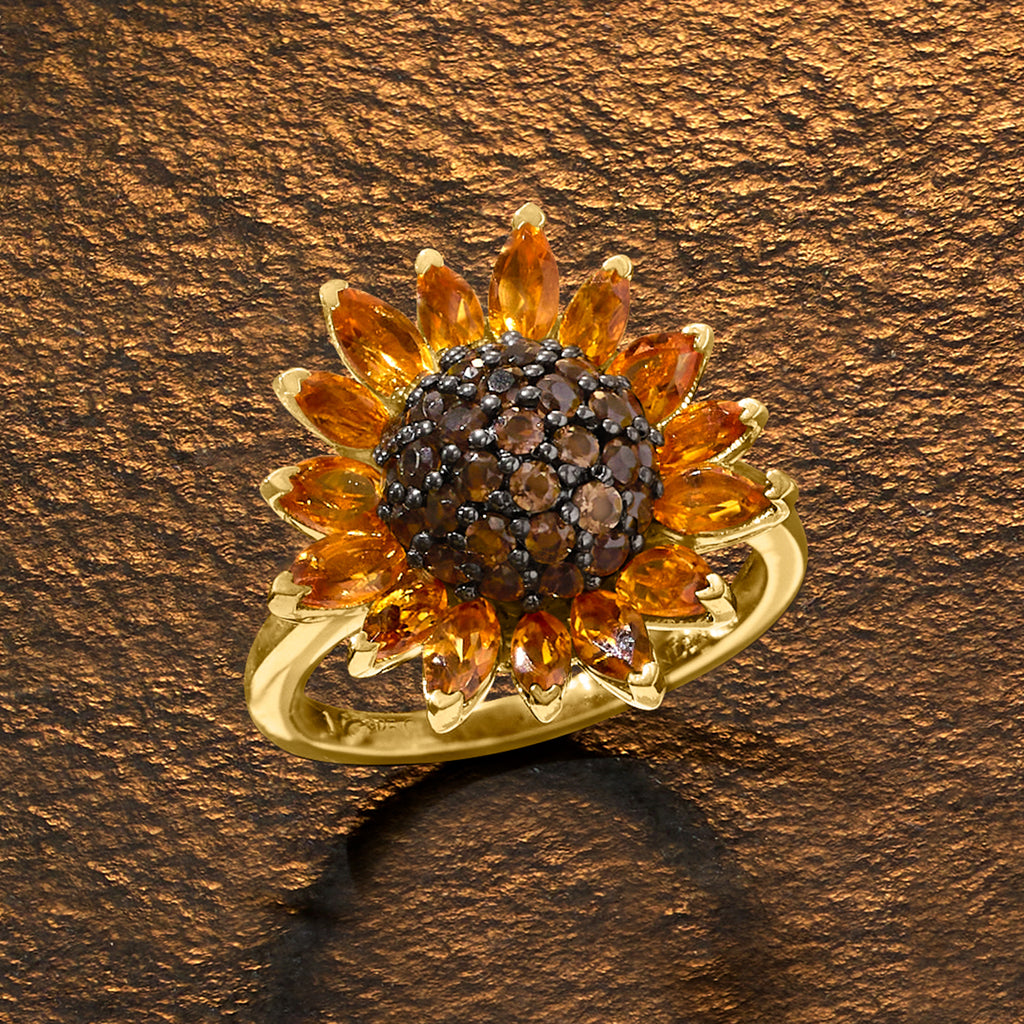 1.70 ct. t.w. Citrine and .80 ct. t.w. Smoky Quartz Sunflower Ring in 18kt Gold Over Sterling D499