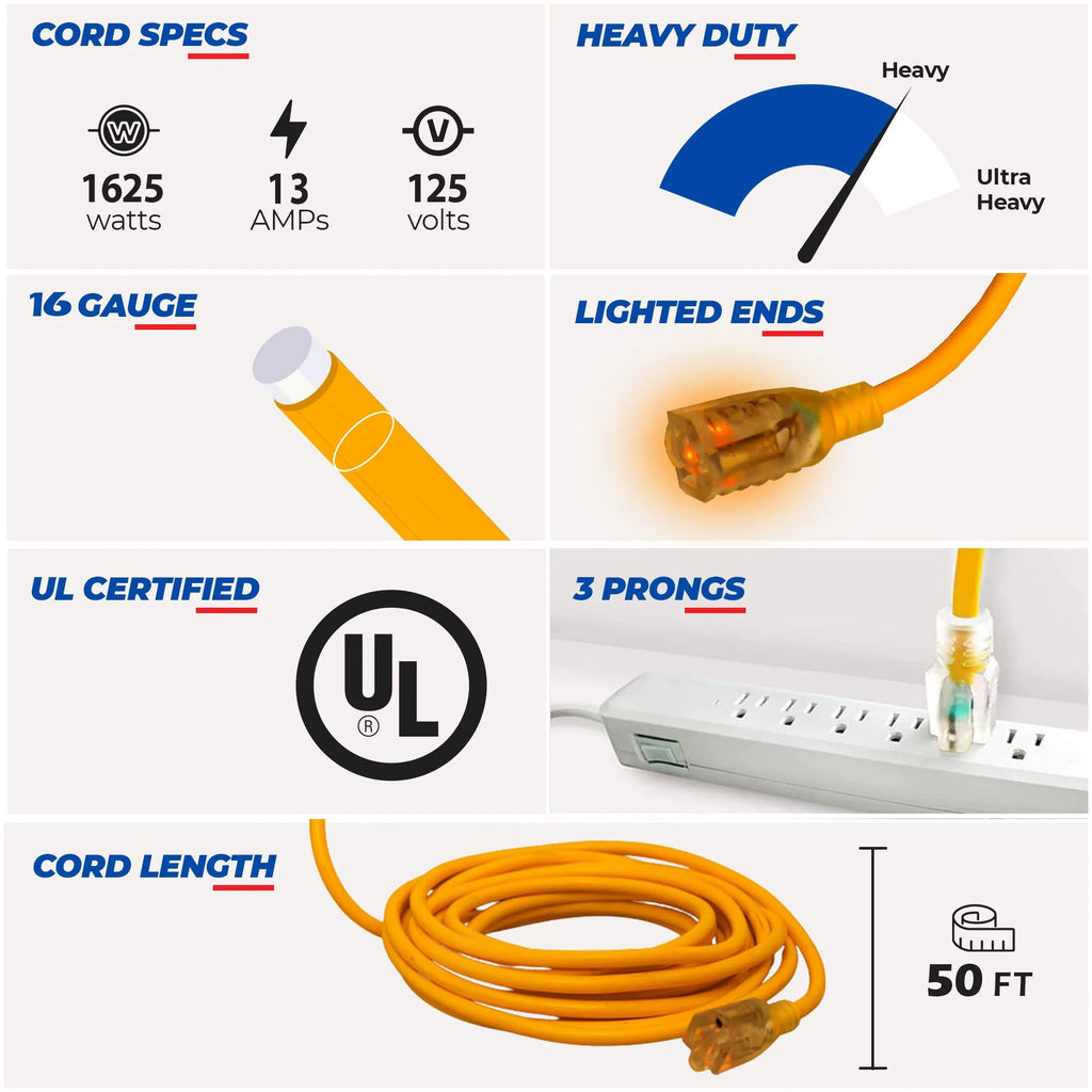 50ft Heavy Duty Extension Cord, 16/3 SJT, 13A, 125V, 1625W, Lighted End X398