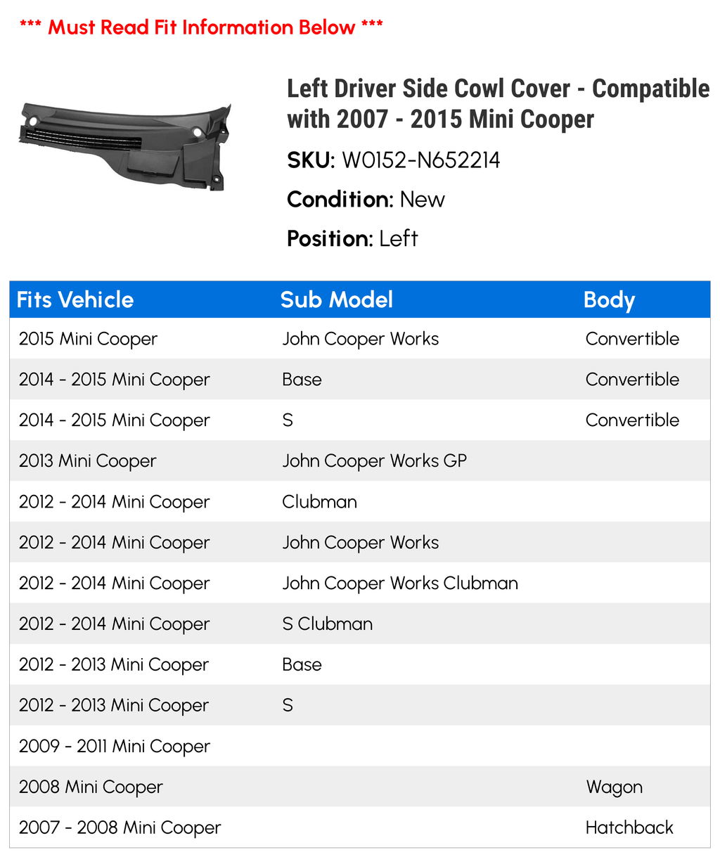Left Driver Side Cowl Cover C150658