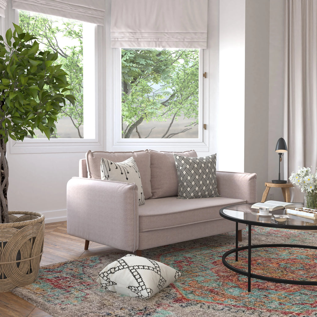 Taupe Faux Linen Loveseat Sofa with Solid Wood Legs D4381