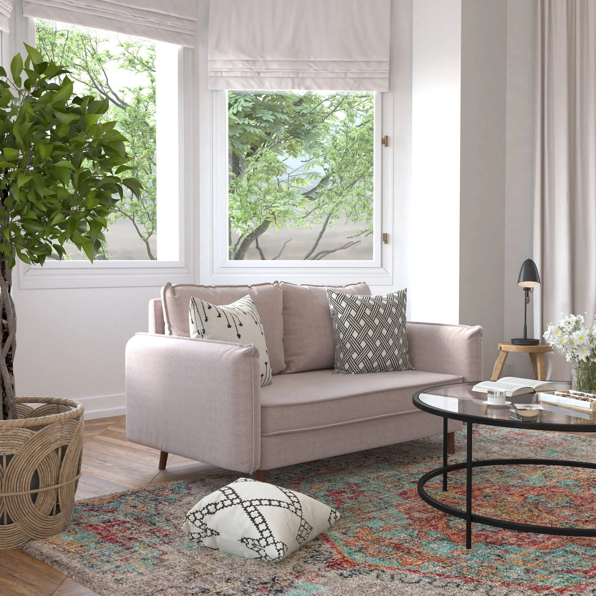 Taupe Faux Linen Loveseat Sofa with Solid Wood Legs D4381