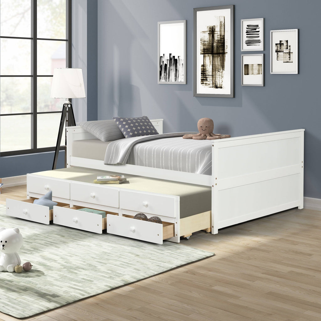 White Full Captain Bed with Twin Trundle and 3 Drawers H87822