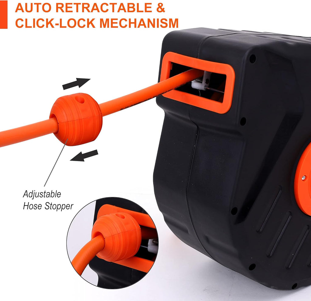 Air Compressor Hose Reel with Automatic Retractable Enclosed 3/8 inch x 50 ft Hybrid Air Hose, 1/4" NPT Brass Coupler and Plugs, 6 ft Lead in, Wall Mounted 180° Swivel, 300PSI S68164