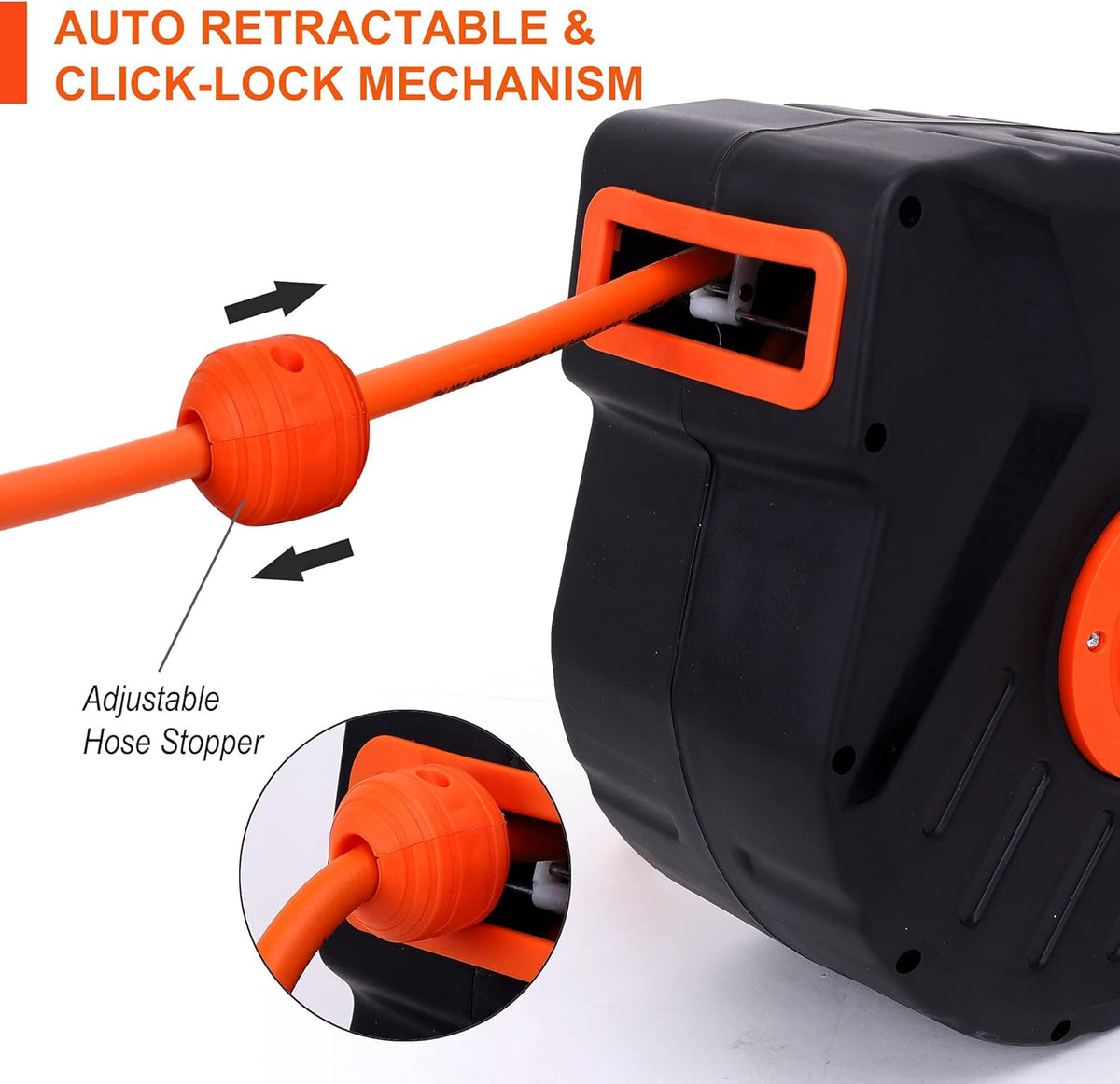 Air Compressor Hose Reel with Automatic Retractable Enclosed 3/8 inch x 50 ft Hybrid Air Hose, 1/4" NPT Brass Coupler and Plugs, 6 ft Lead in, Wall Mounted 180° Swivel, 300PSI S68164