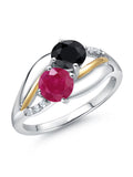 925 Sterling Silver 10K Yellow Gold Red Ruby Black Sapphire White Lab Grown Diamond 2 Stone Engagement Ring Q13844