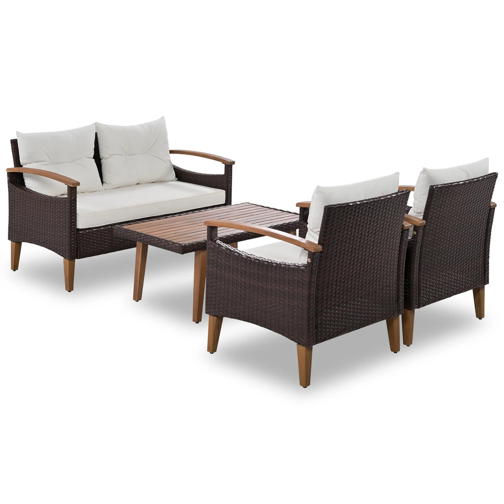 4-Piece PE Rattan Outdoor Sofa Set with Wood Table and Legs J1600