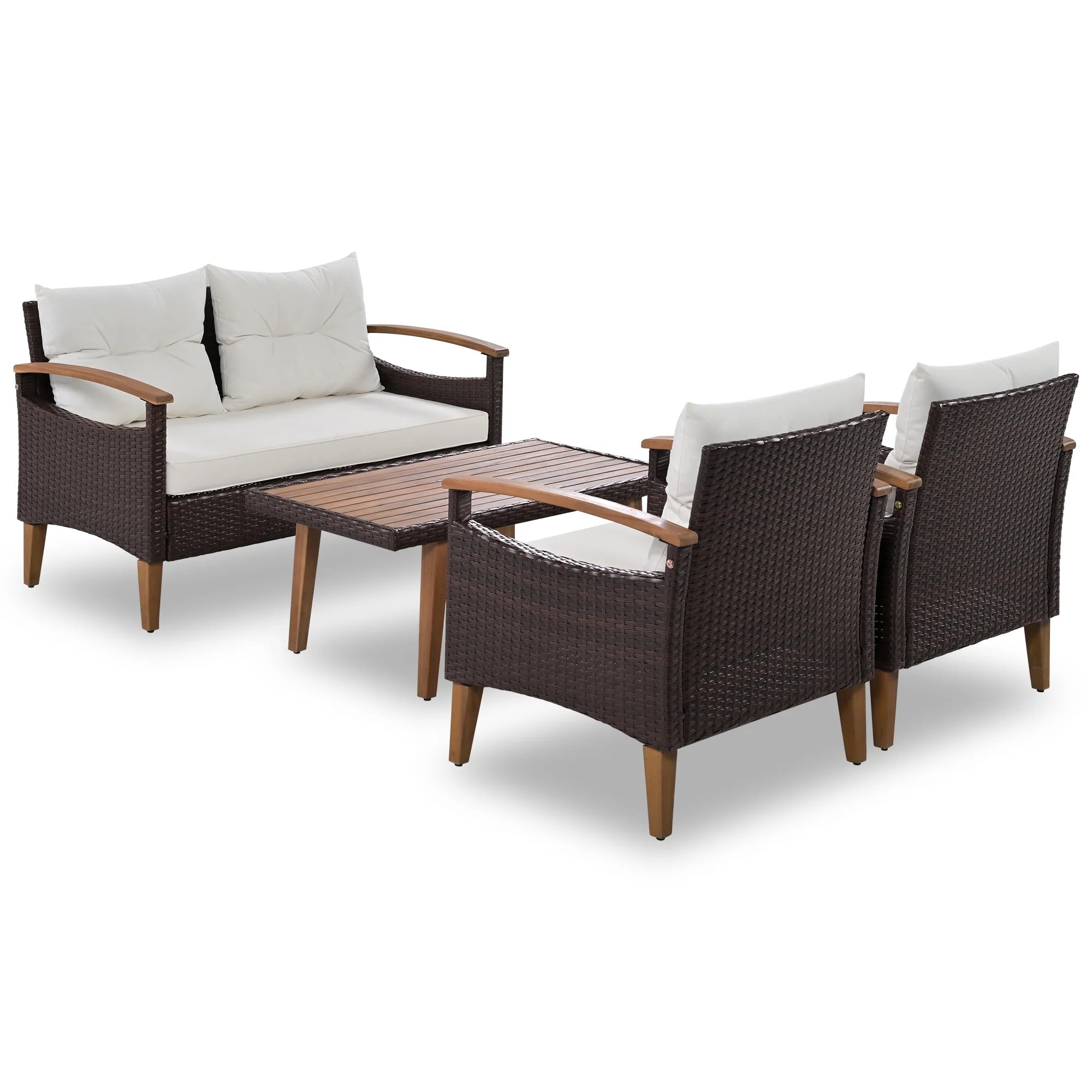 4-Piece PE Rattan Outdoor Sofa Set with Wood Table and Legs J1600