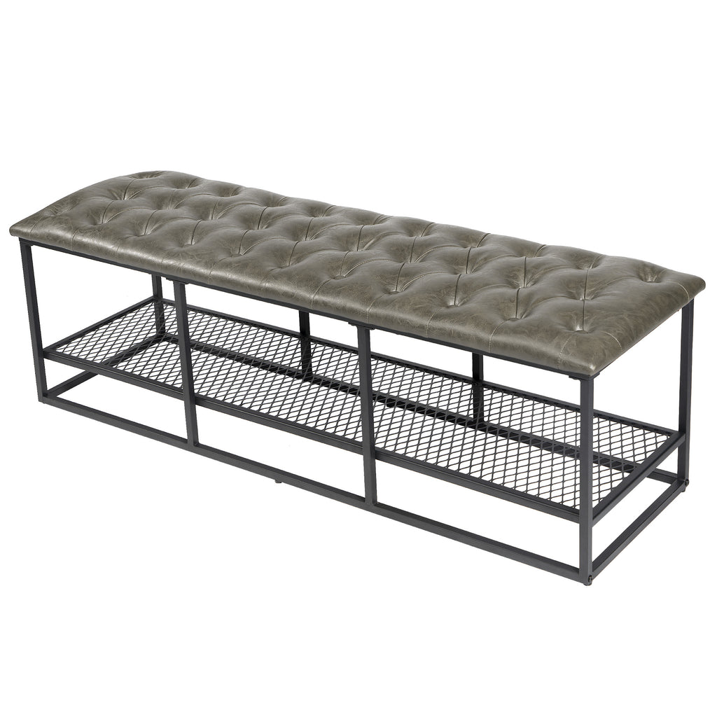Gray Green Button Tufted Faux Leather Storage Bench F288310