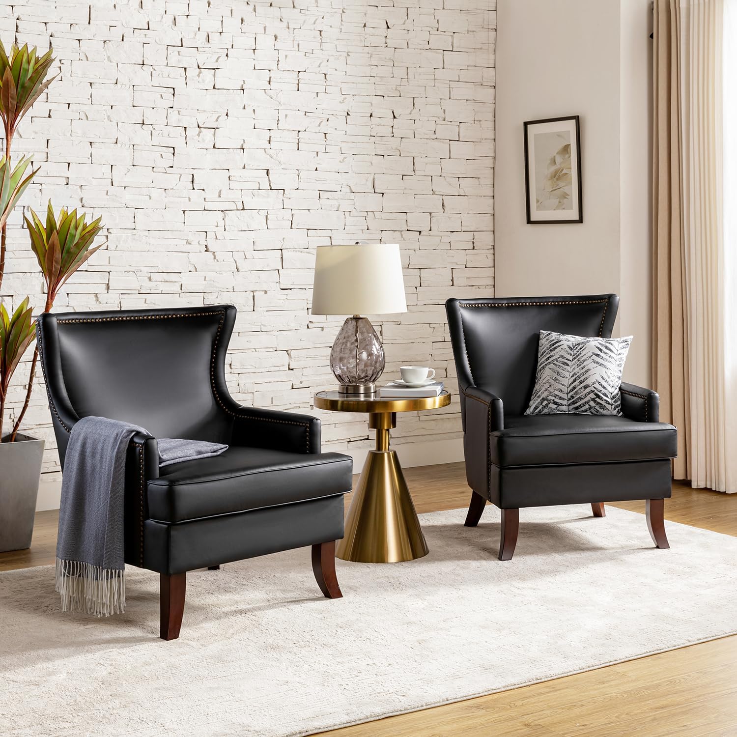 Black Faux Leather Wingback Accent Chairs Set Of 2 B841