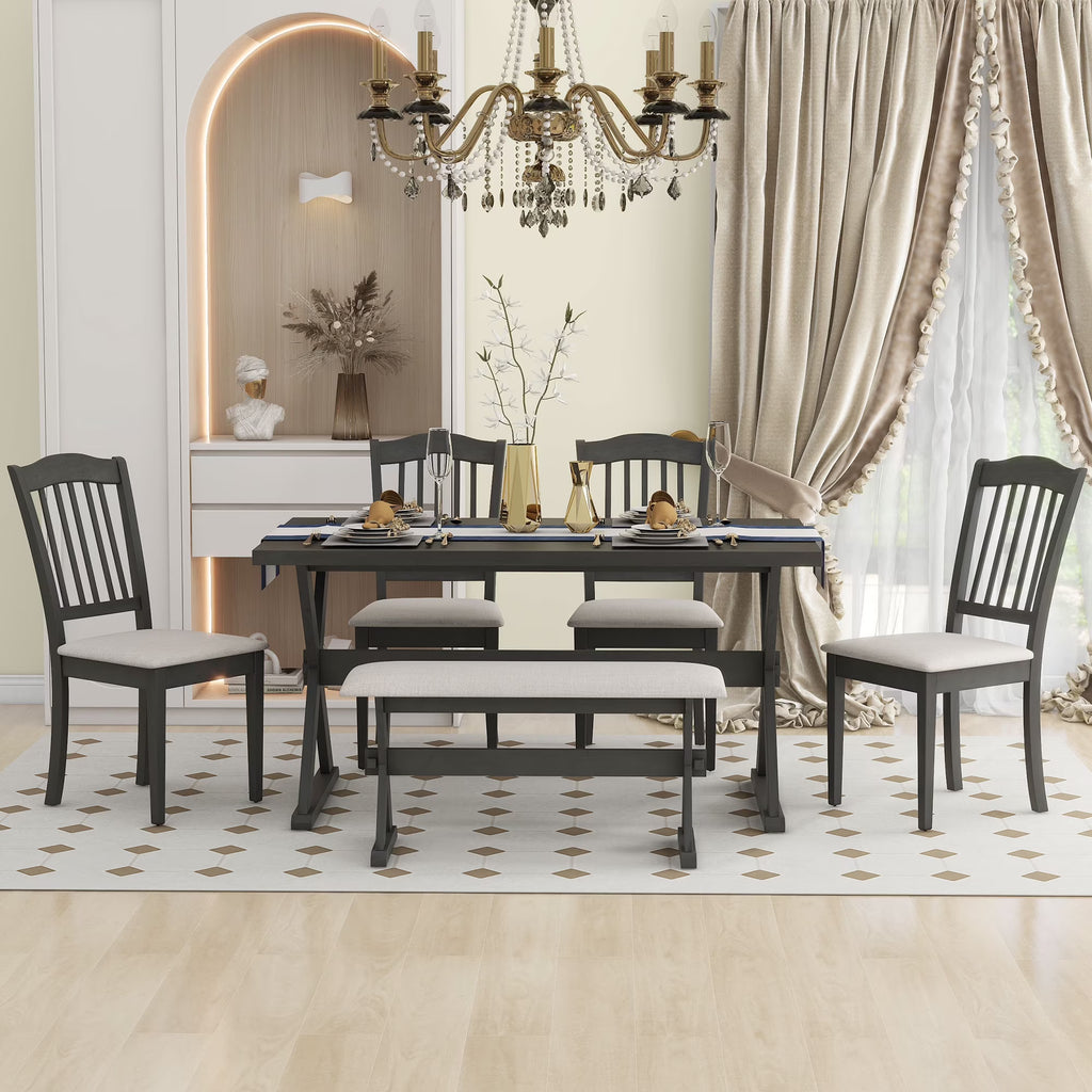 6 Piece Wood Dining Table Set with Bench and 4 Cushioned Chairs V347293