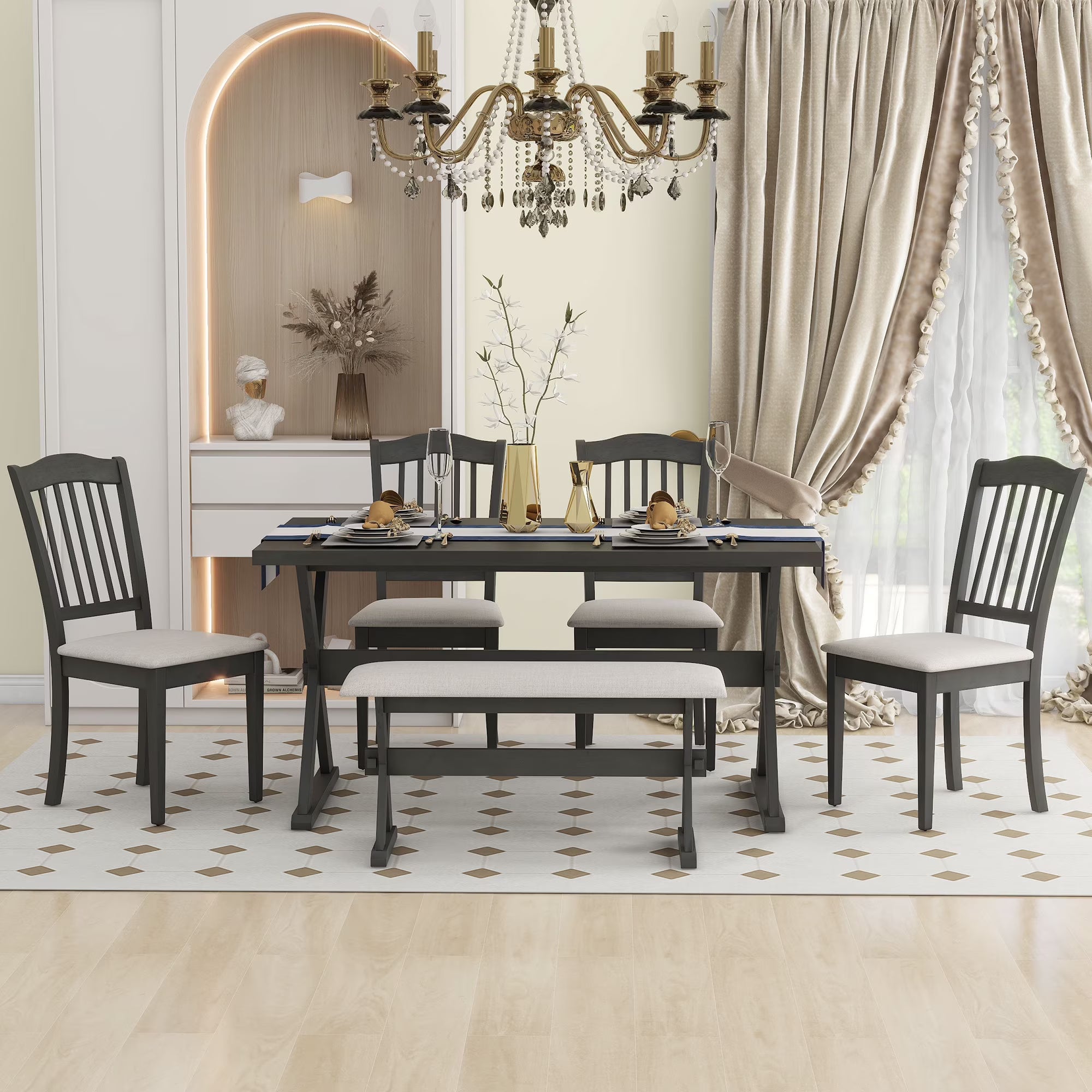 6 Piece Wood Dining Table Set with Bench and 4 Cushioned Chairs V347293