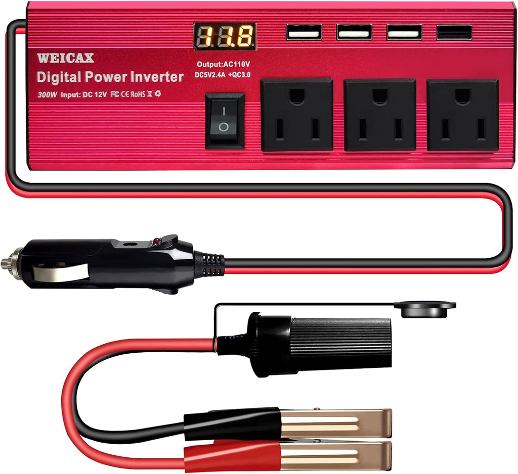 300W Power Inverter, 12V to 110V, 4 USB Port, 3 AC Outlets, Metal Housing C410870