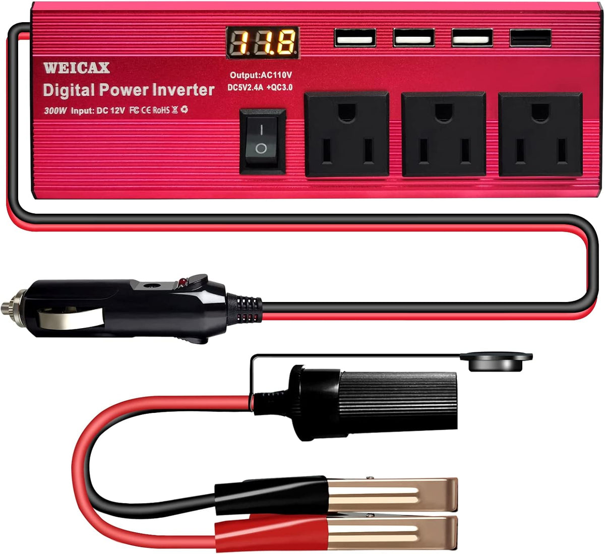 300W Power Inverter, 12V to 110V, 4 USB Port, 3 AC Outlets, Metal Housing C410870
