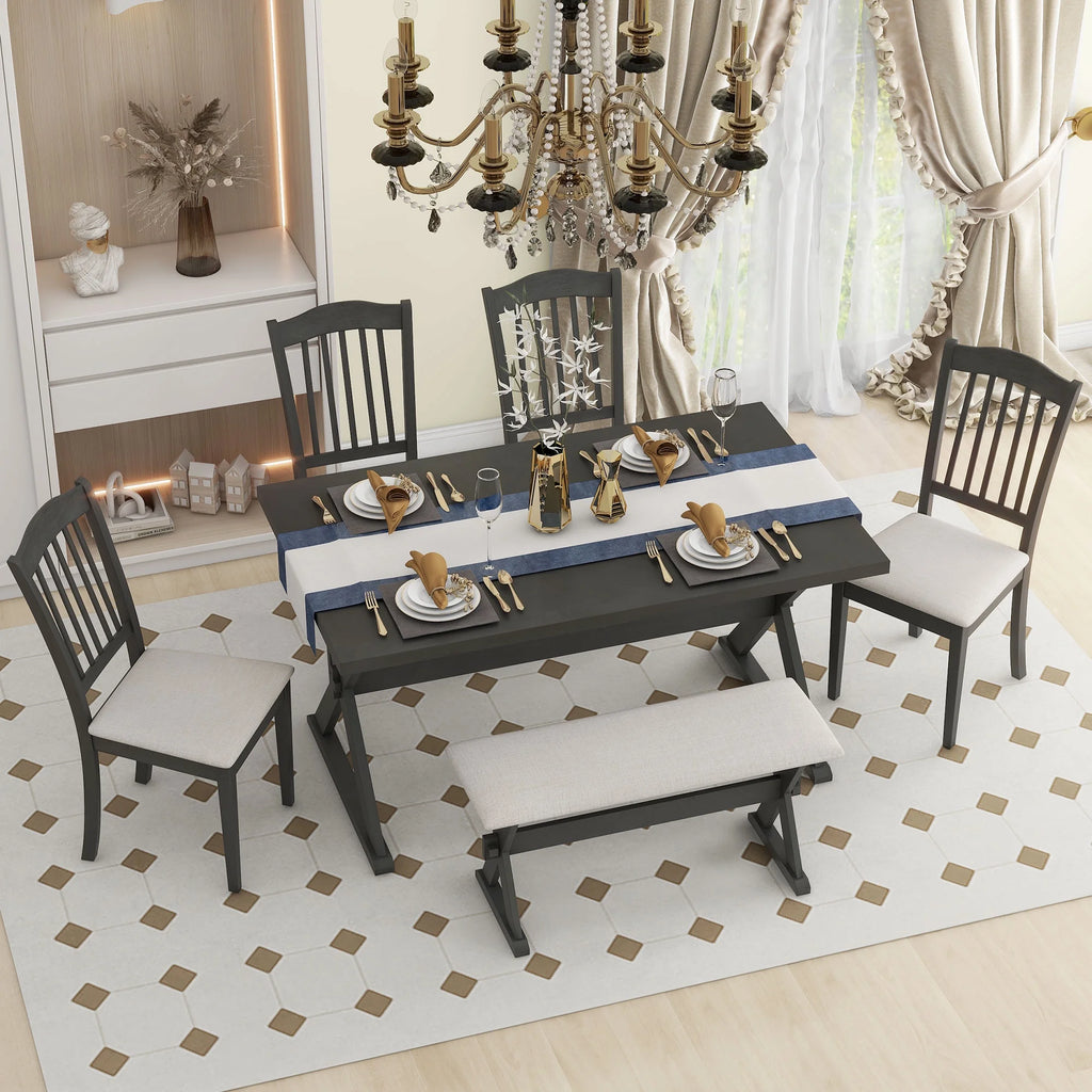 6 Piece Wood Dining Table Set with Bench and 4 Cushioned Chairs V347293