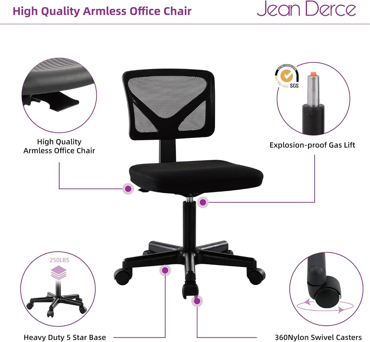 Black Armless Mesh Office Desk Chair with Swivel Casters Y44267