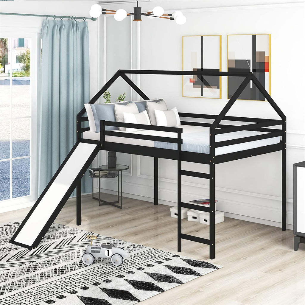 White Wood Twin Loft Bed with Slide and Staircase Storage E397374