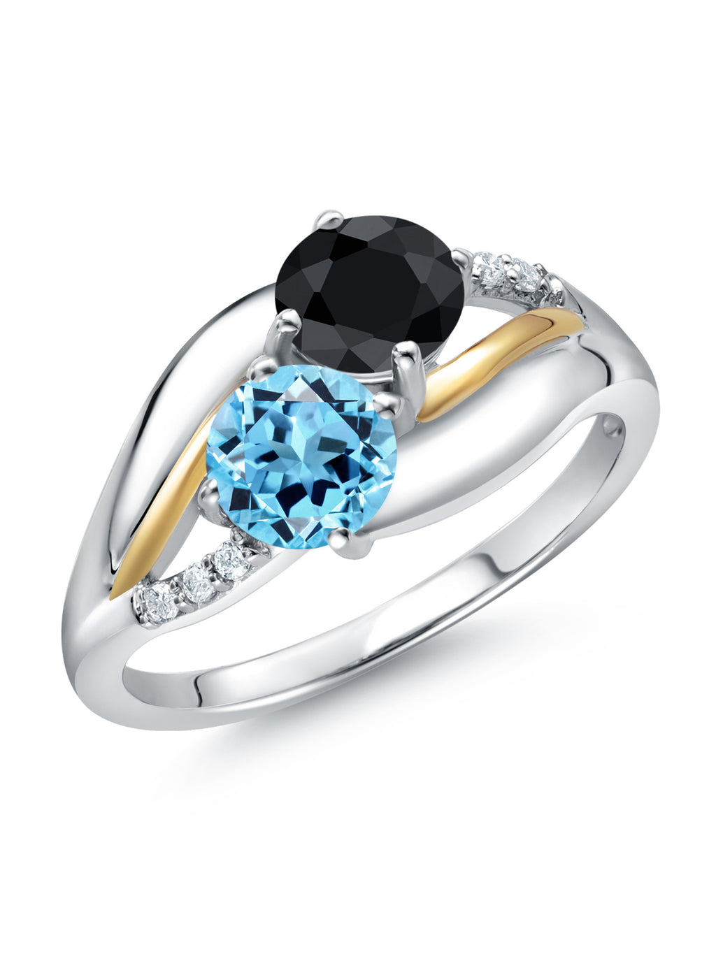925 Sterling Silver 10K Yellow Gold Swiss Blue Topaz Black Sapphire Lab Grown Diamond 2 Stone Engagement Ring (1.38 Cttw, Round) G41383