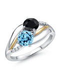 925 Sterling Silver 10K Yellow Gold Swiss Blue Topaz Black Sapphire Lab Grown Diamond 2 Stone Engagement Ring (1.38 Cttw, Round) G41383
