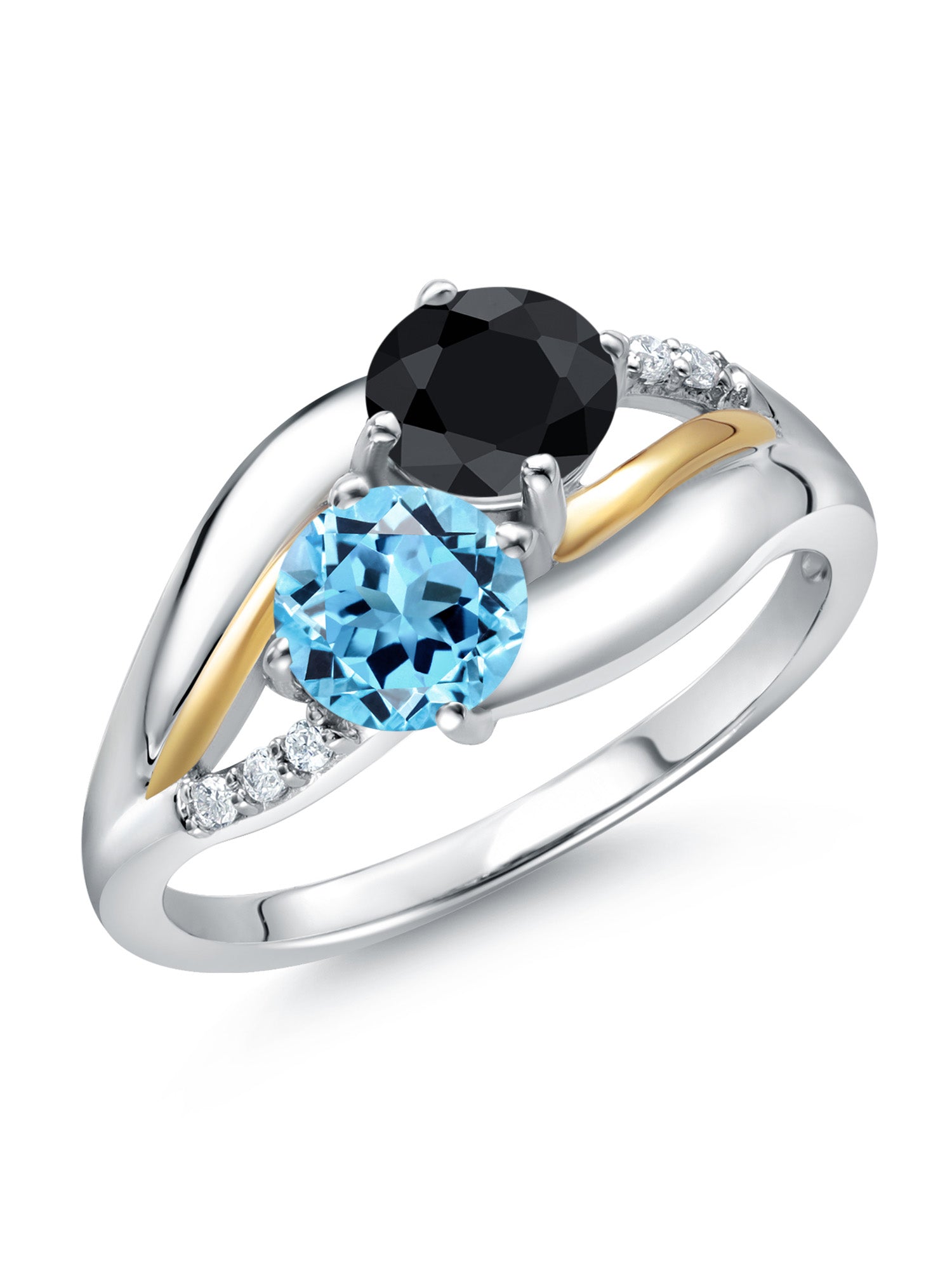 925 Sterling Silver 10K Yellow Gold Swiss Blue Topaz Black Sapphire Lab Grown Diamond 2 Stone Engagement Ring (1.38 Cttw, Round) G41383