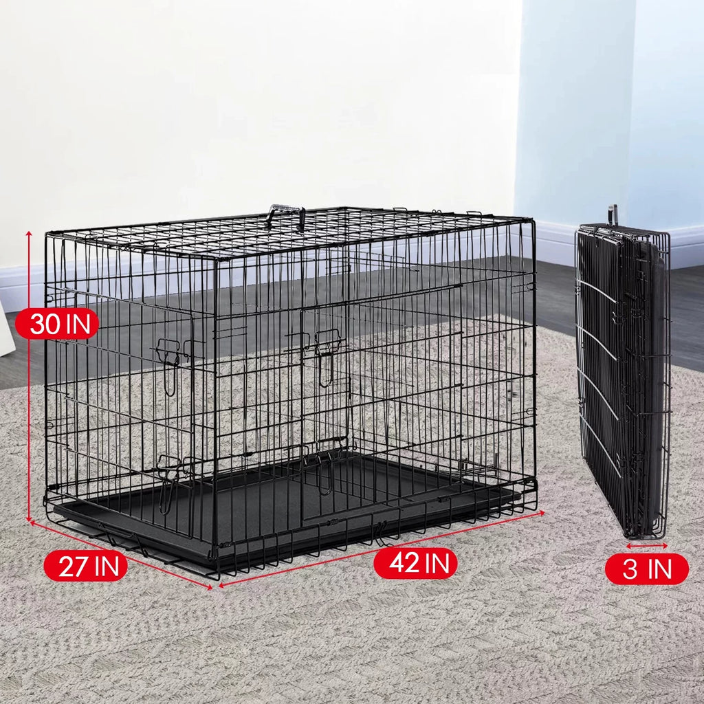 Black 42 inch Folding Wire Dog Crate with Divider and Double Door V979