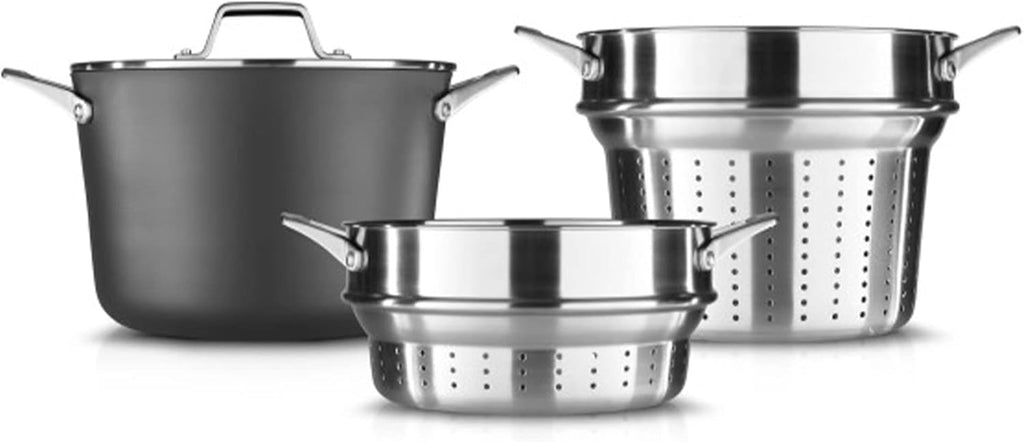 8 Quart Hard Anodized Nonstick Cookware with Lid and Steamer Inserts, Black F707