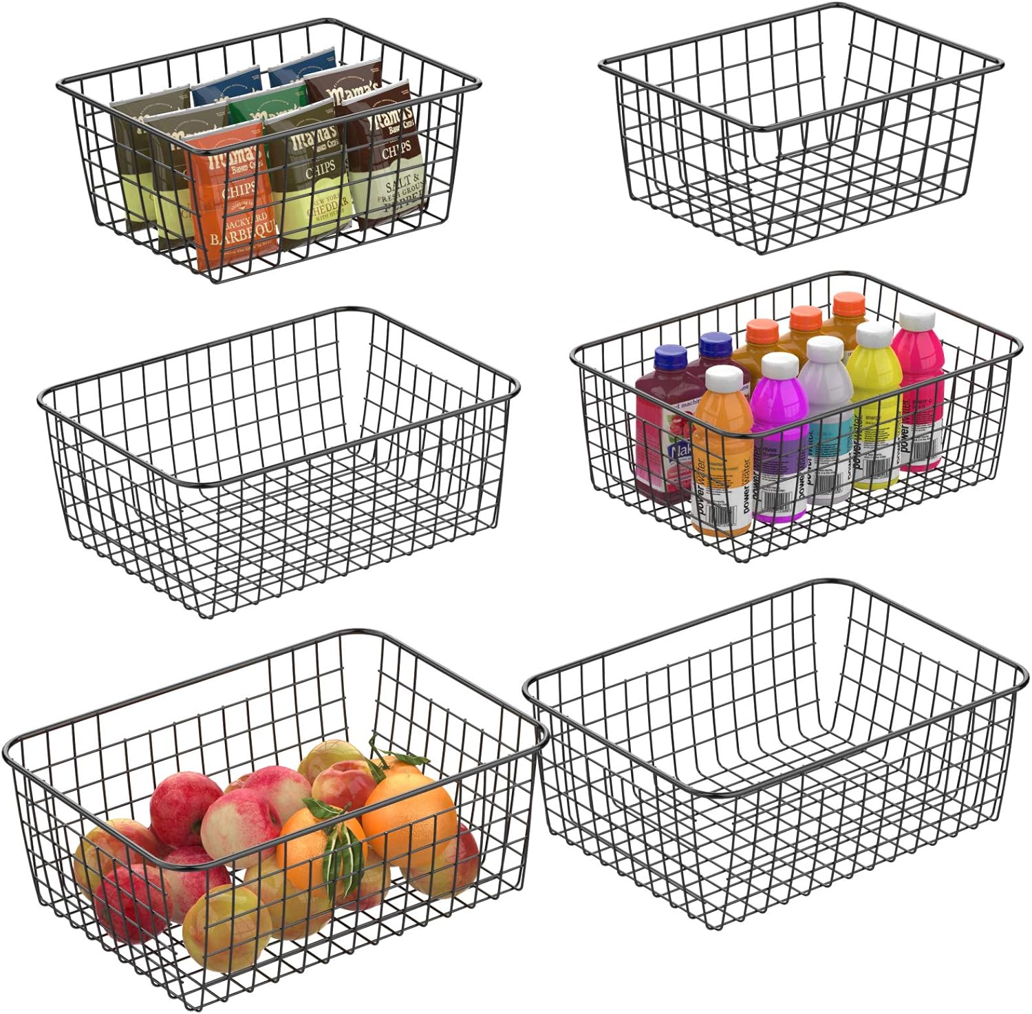 Black Metal Wire Storage Basket 6 Pack (2 Small, 2 Medium, 2 Large) D82730