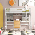 White Wooden Loft Bed with Storage Shelves and Under-Bed Desk V2566