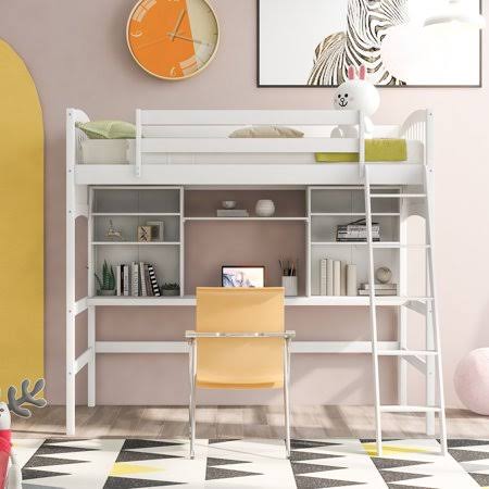 White Wooden Loft Bed with Storage Shelves and Under-Bed Desk V2566