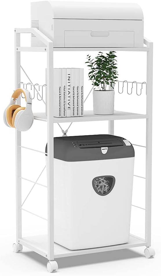 White 3-Tier Mobile Printer Stand Utility Cart with 8 Hooks J464