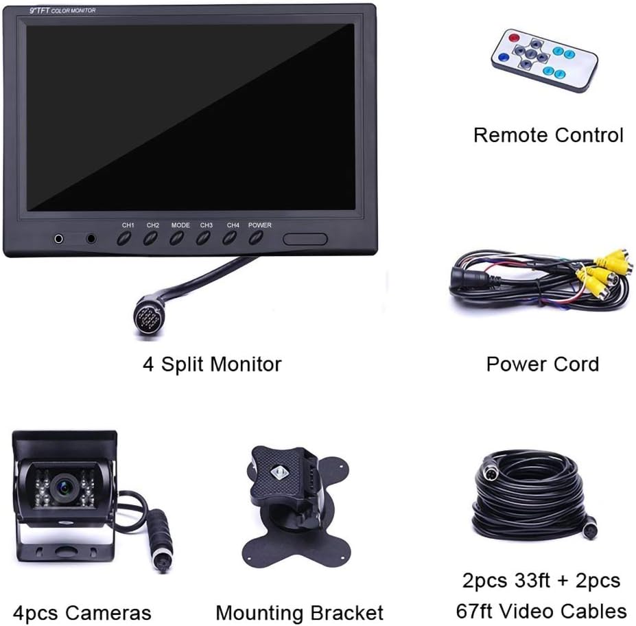 9'' Quad Split Screen HD Rear Backup Camera Monitor System, Waterproof IR Night Vision Backup Camera A1745