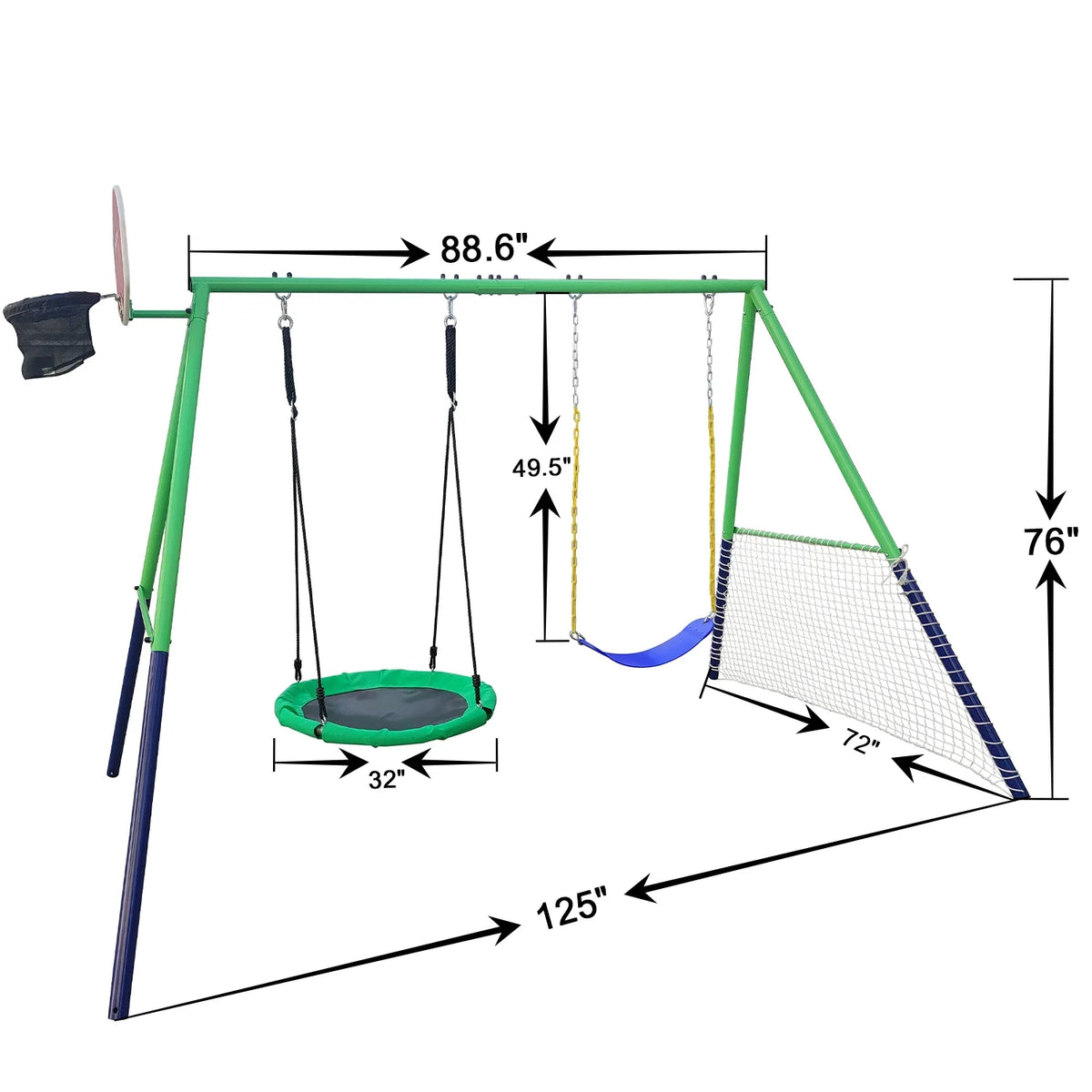 Swing Set with 32in Saucer Swing, EVA Swing Seat, Kids Basketball Hoop, Soccer Net, 440lbs Heavy Duty Anti-Rust Steel A-Frame A4642