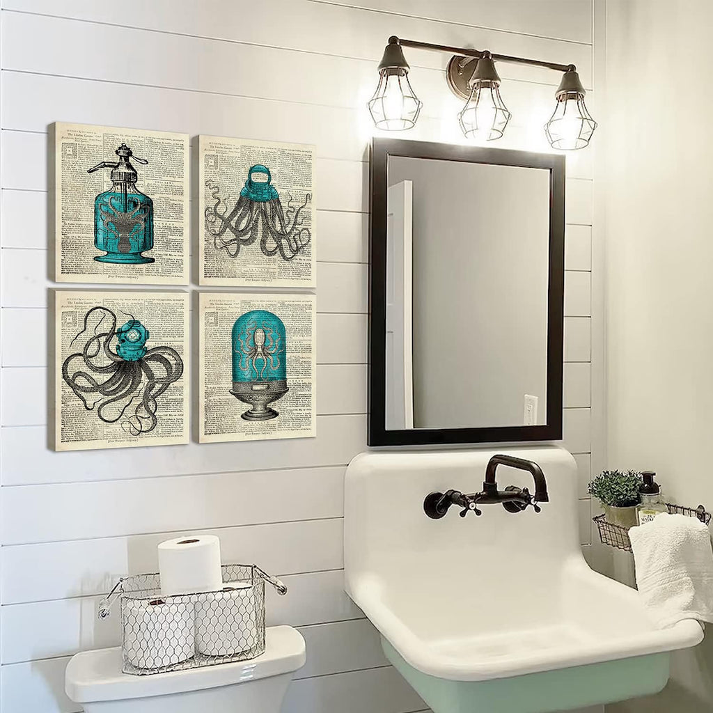 Octopus Nautical Bathroom Wall Decor, 8x10 inch Set of 4 Canvas Wall Art P2407
