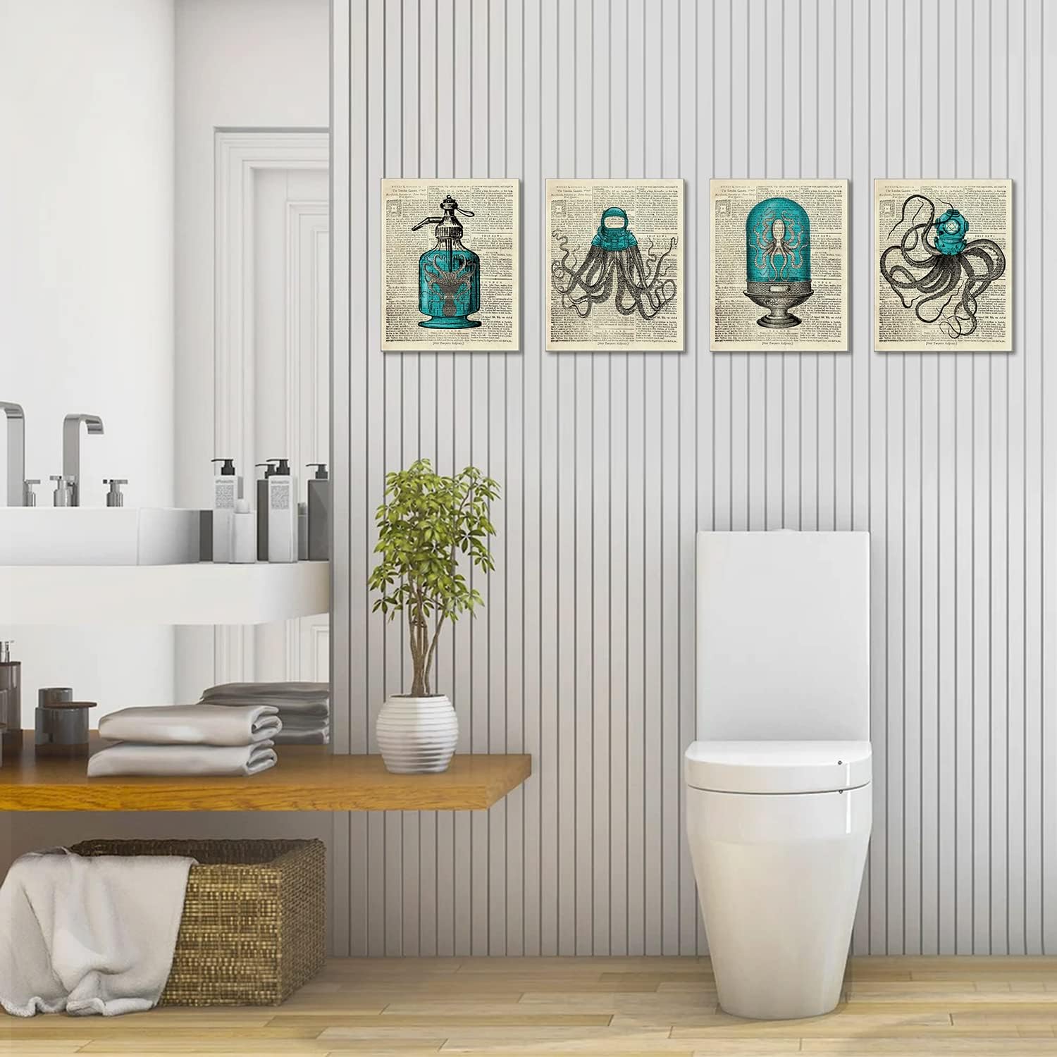 Octopus Nautical Bathroom Wall Decor, 8x10 inch Set of 4 Canvas Wall Art P2407