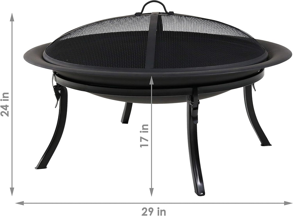 29 Inch Round Wood Burning Fire Pit Bowl with Spark Screen and Folding Stand D241