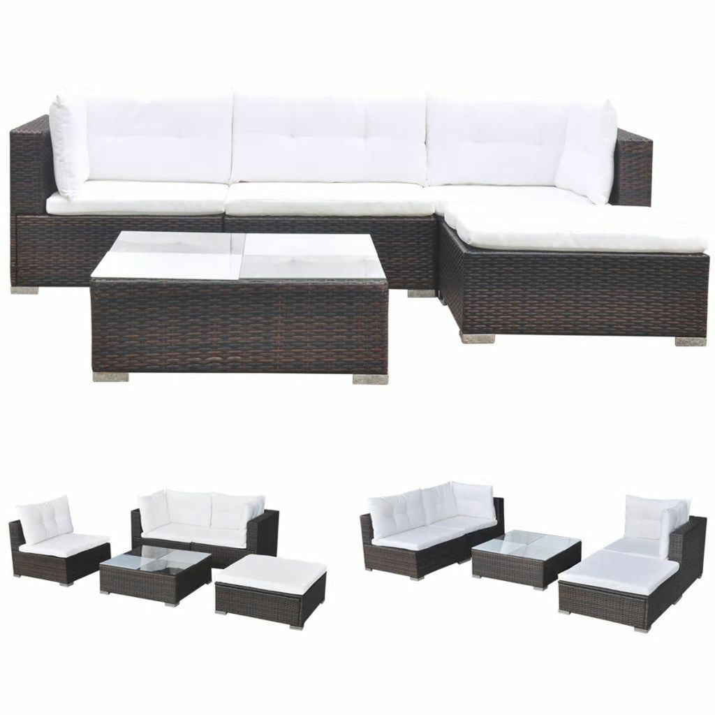 5 Piece Outdoor Sectional Sofa with Coffee Table and Ottoman Set Poly Rattan E6285