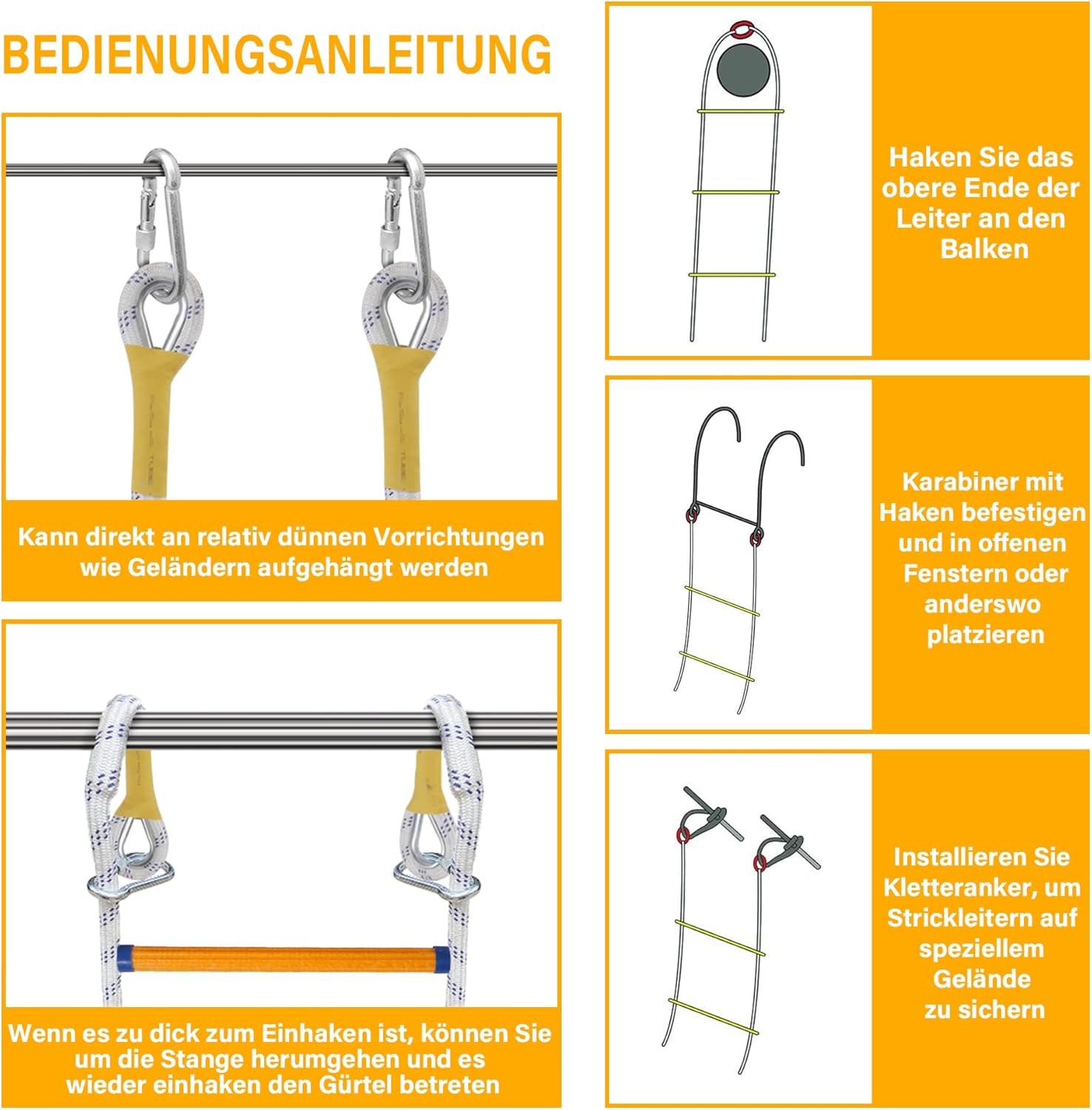 Emergency Fire Escape Ladder Flame Resistant Safety Extension Rope Ladder with 2 Hooks, 2M 6.6FT L340240