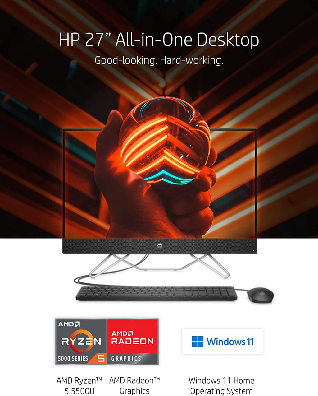 HP 27 inch FHD All-in-One Computer, AMD Ryzen 5 5500U, 16GB RAM, 512GB PCIe SSD+1TB HDD, Win11 N56885