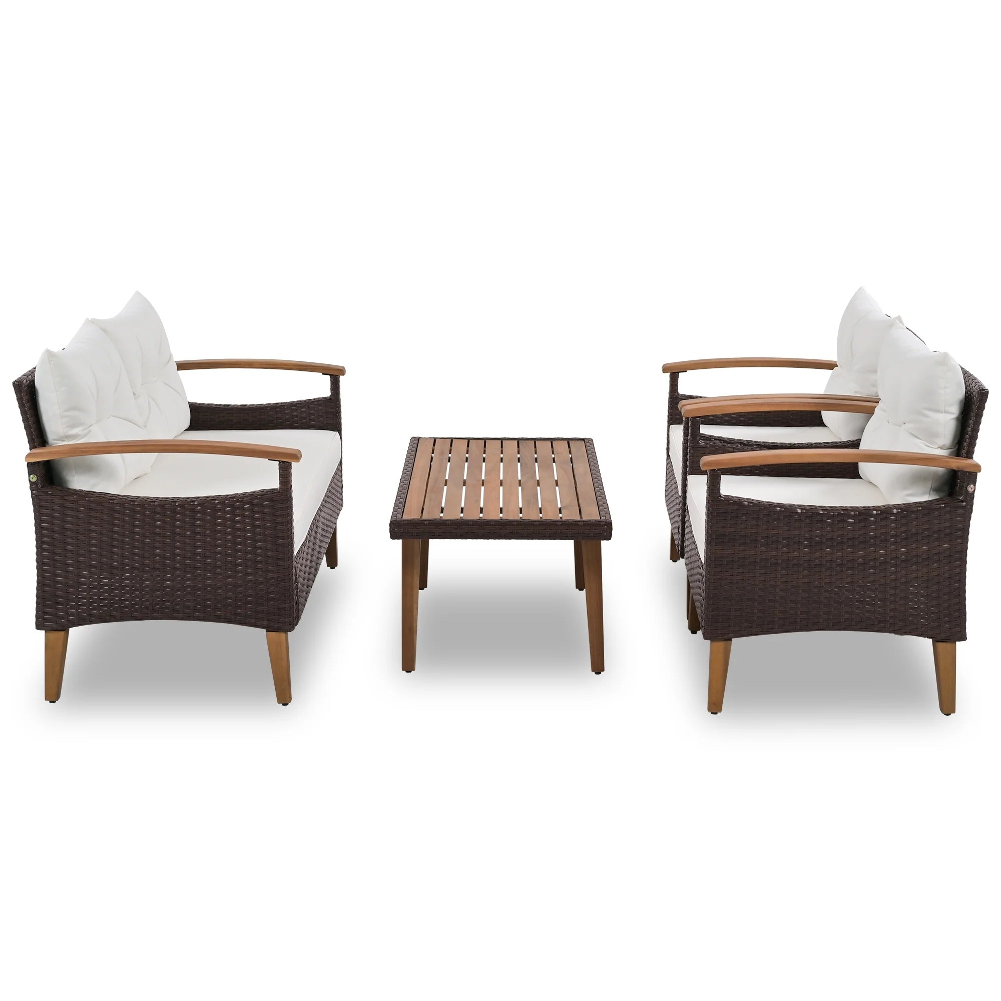 4-Piece PE Rattan Outdoor Sofa Set with Wood Table and Legs J1600